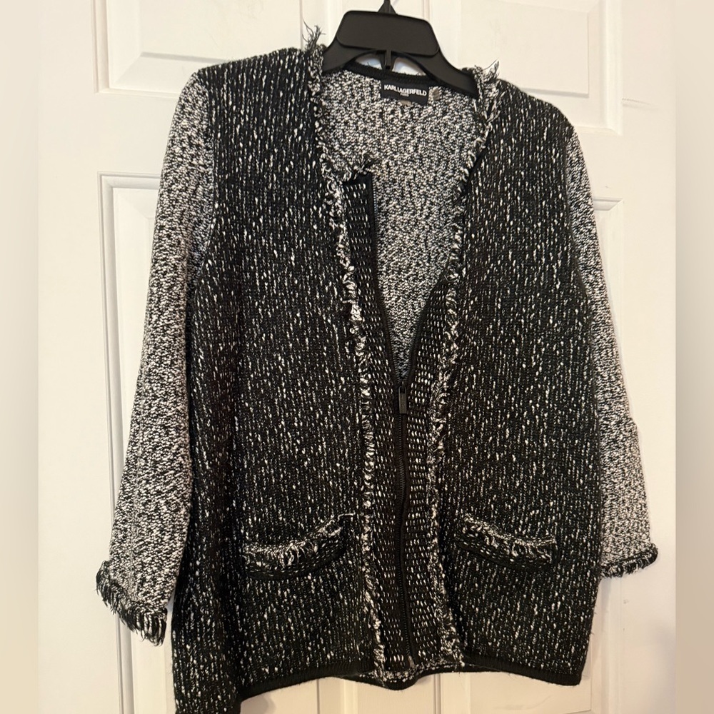Karl Lagerfeld Paris Black White Heather Contrast Zip Cardigan Sweater Large